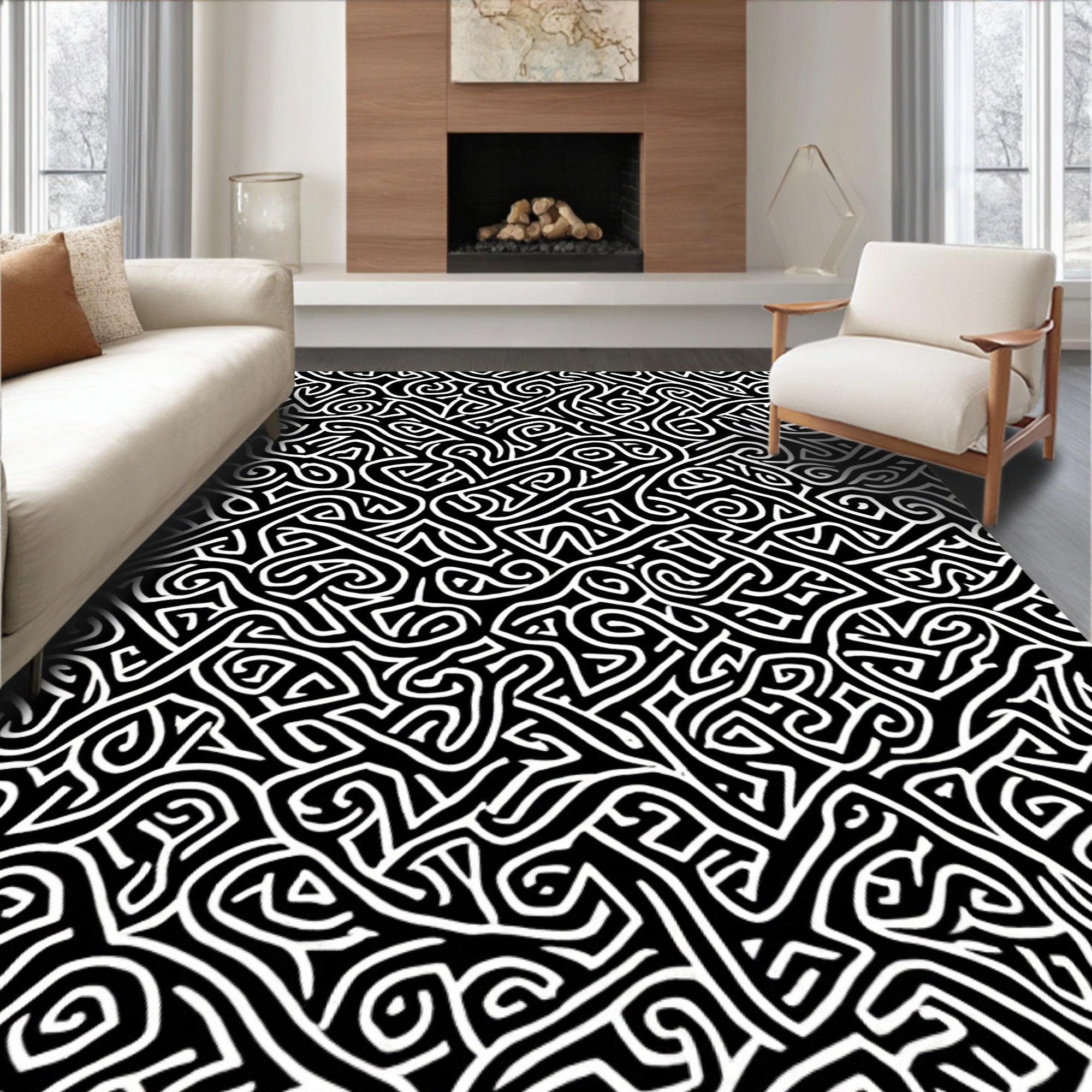 Abstract Black White Swirl Pattern Rug