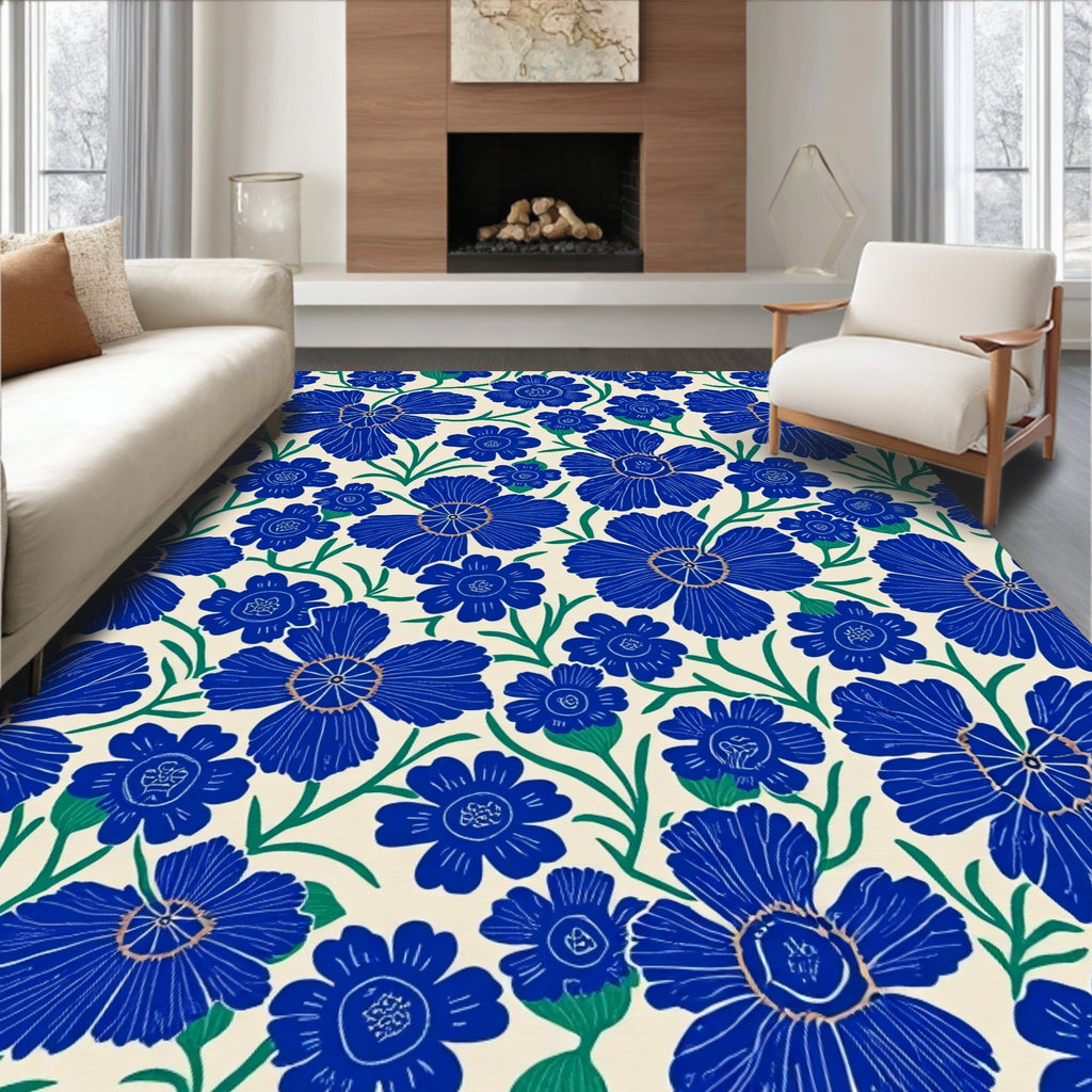 Vibrant Blue Floral Pattern Rug
