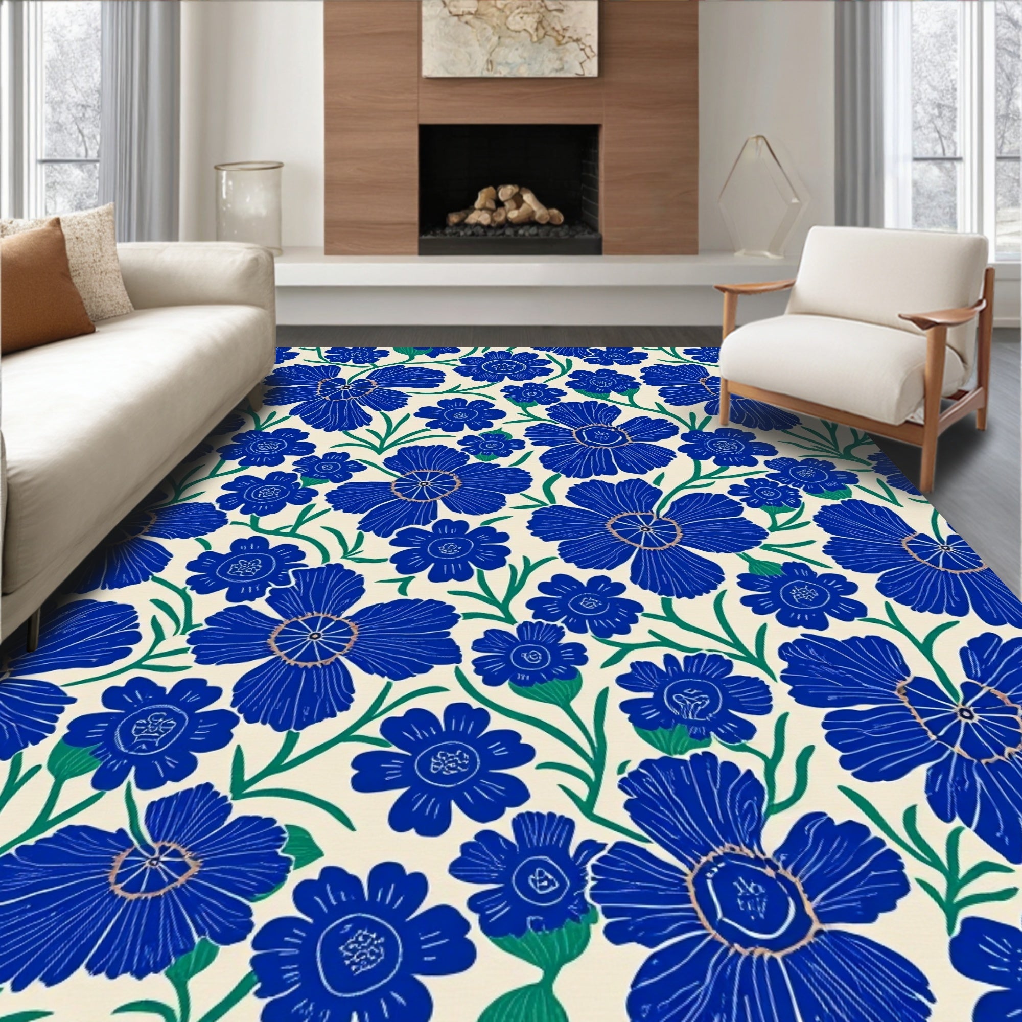 Vibrant Blue Floral Pattern Rug