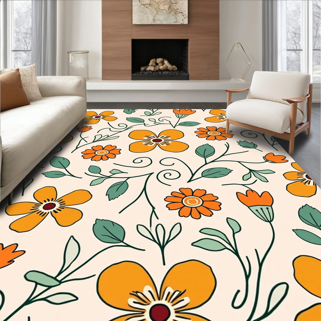 Whimsical Orange Floral Pattern Rug