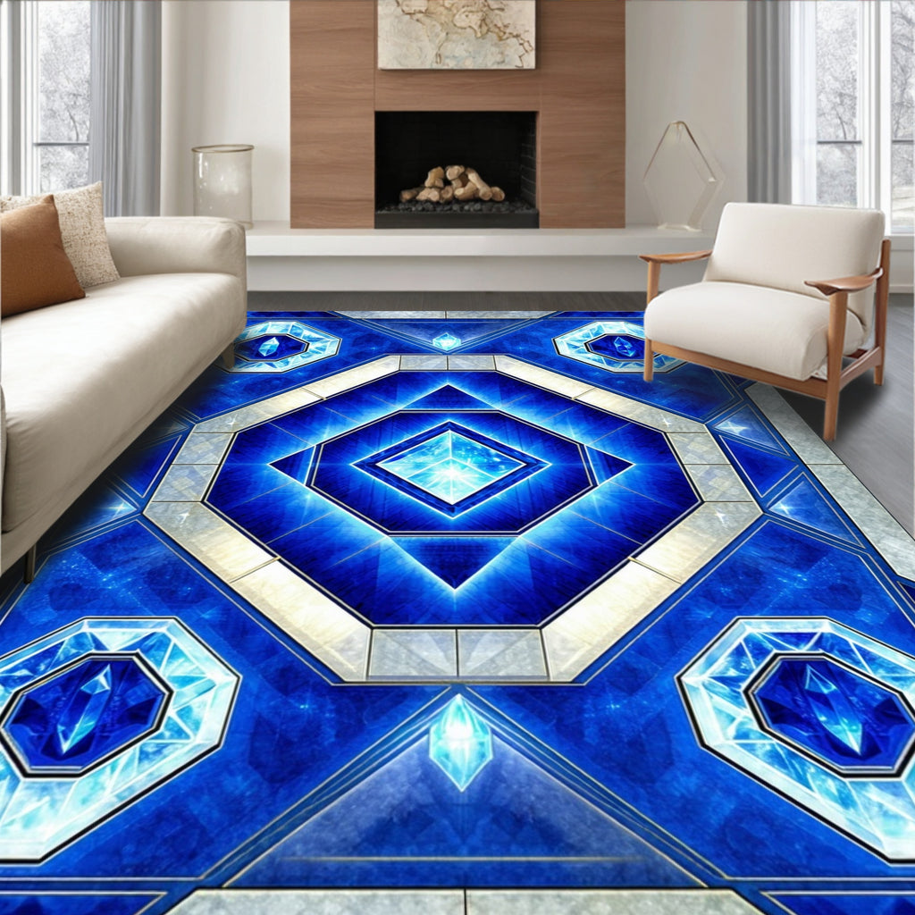 Radiant Blue Gemstone Geometric Pattern Rug