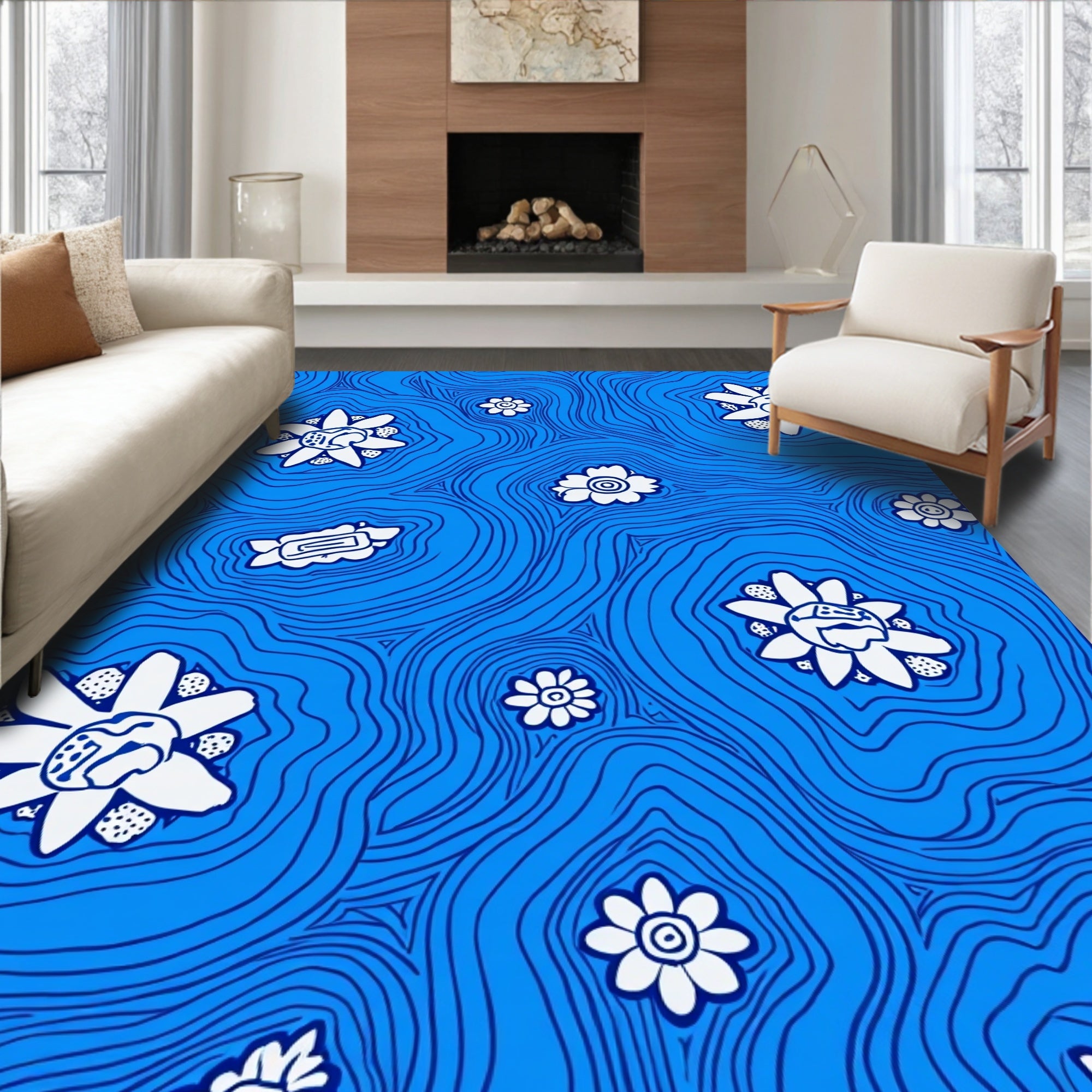 Whimsical White Flowers On Blue Swirls Rug