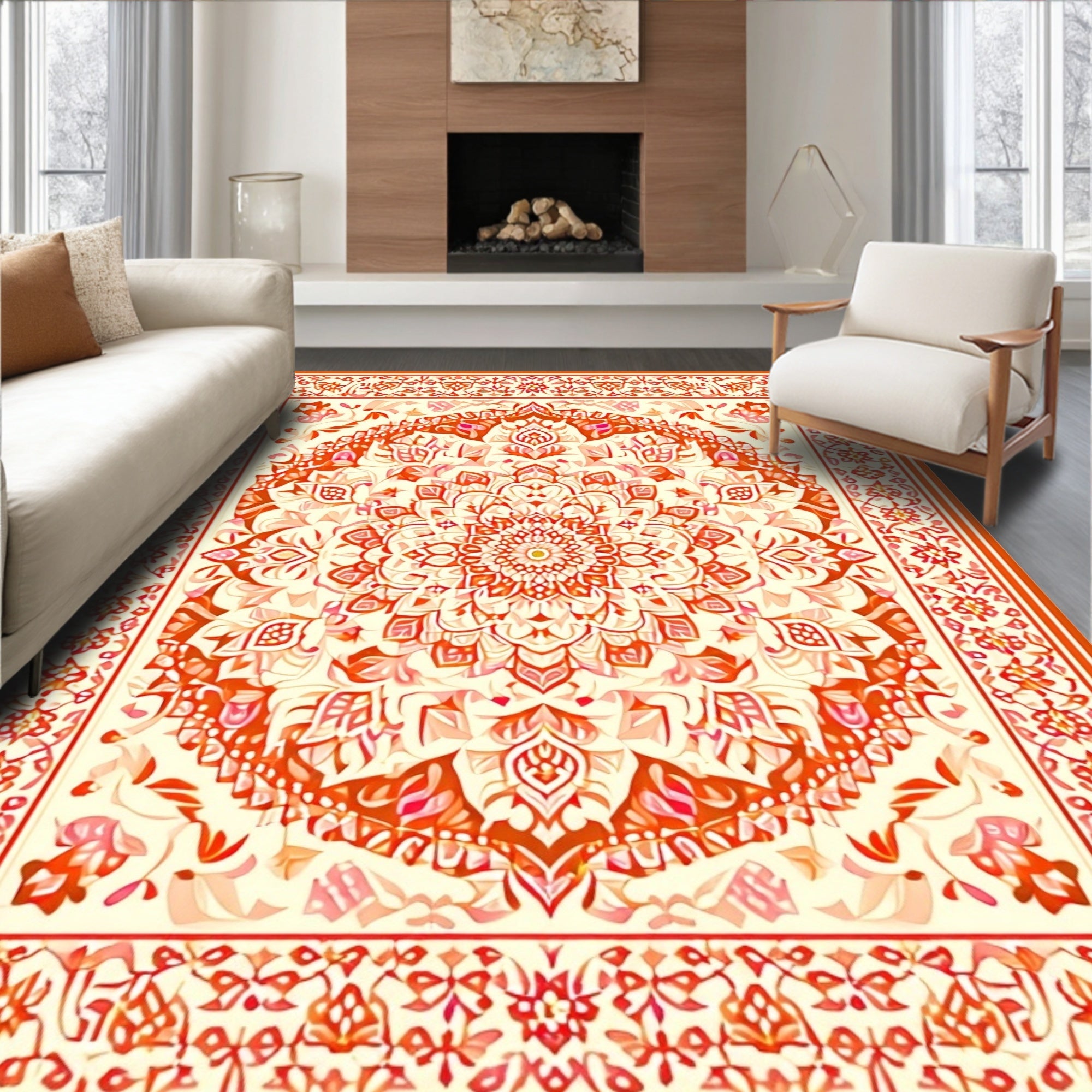 Vibrant Orange Floral Repeating Medallion Rug
