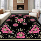 Pink Floral Swirls Black Pattern Rug