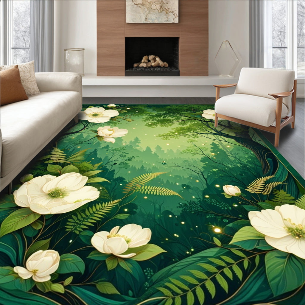 Enchanting Forest White Floral Pattern Rug