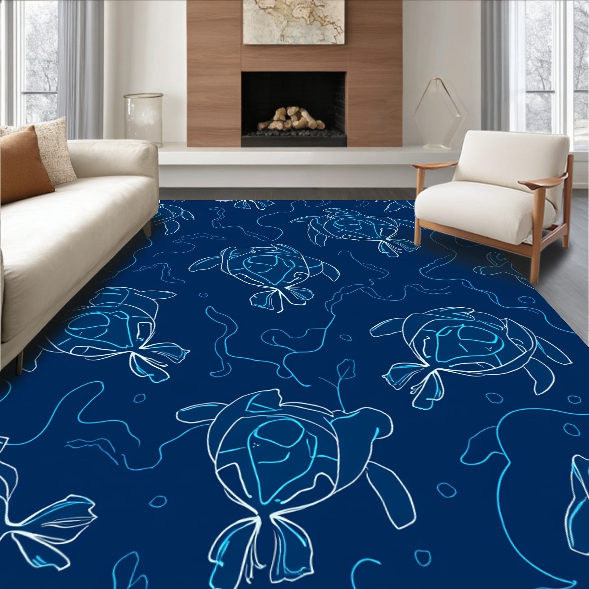 Artistic Outline Turtles Marine Pattern Rug