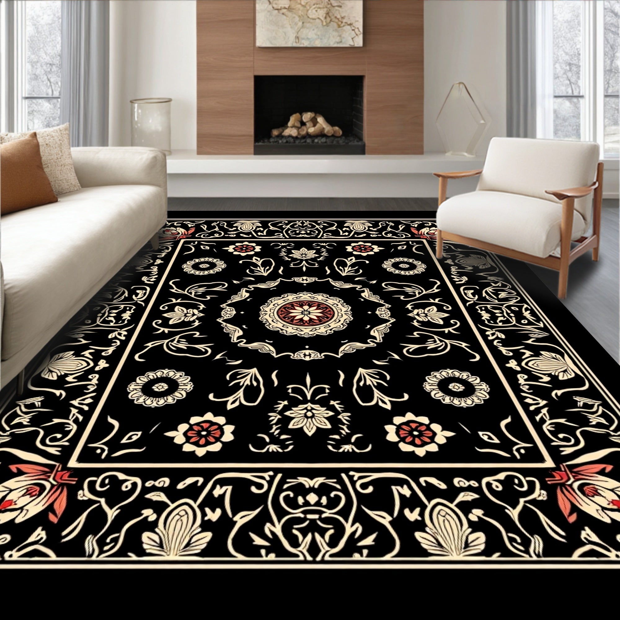 Vintage Floral Medallion Black Rug