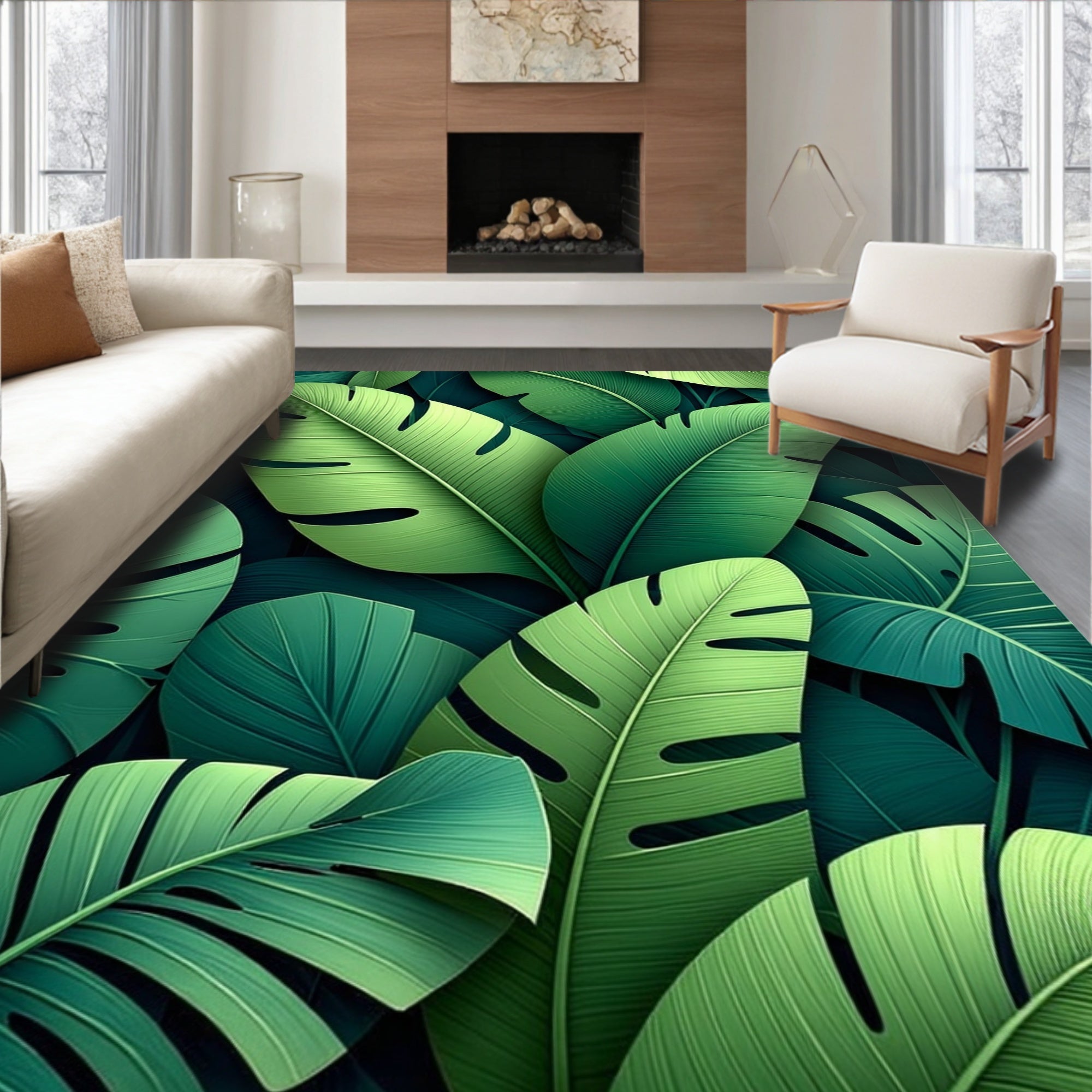 Lush Green Tropical Leaf Pattern Rug