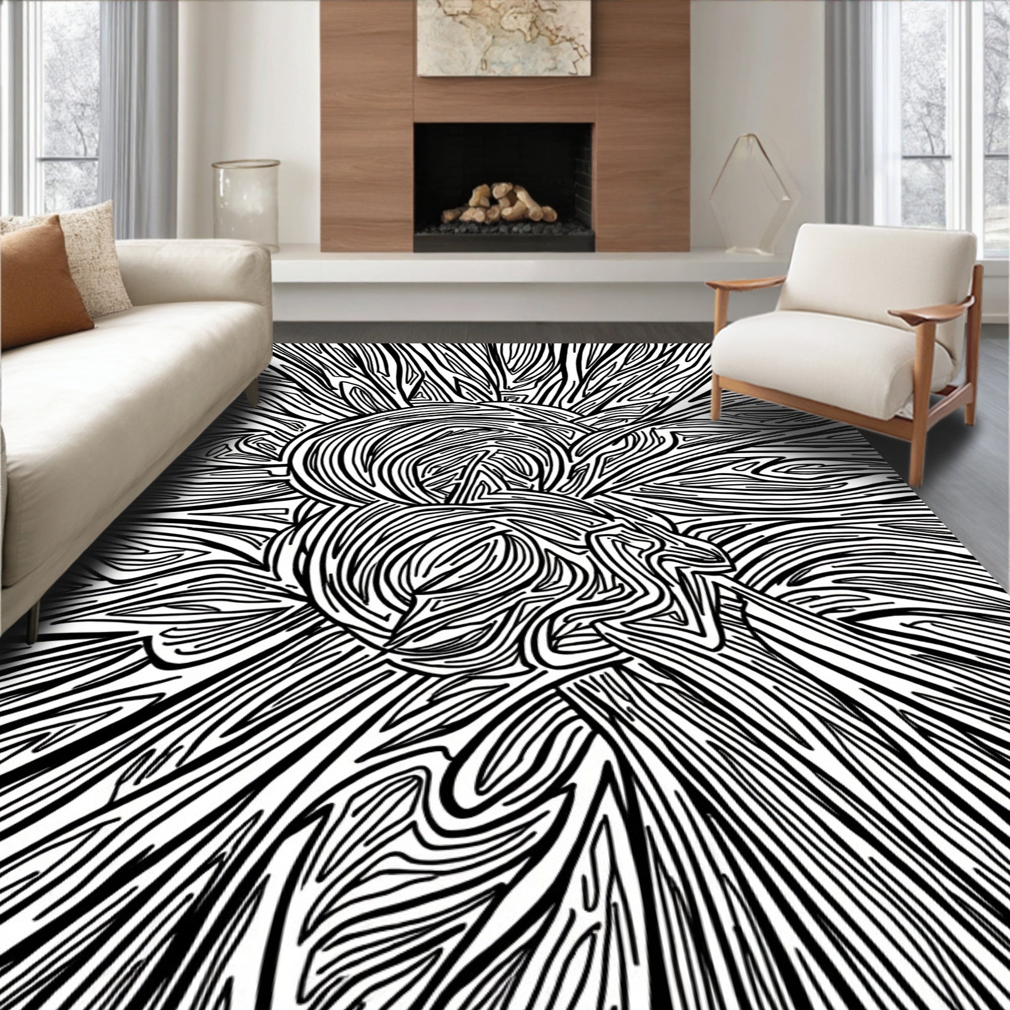 Abstract Line Art Sunburst Pattern Rug