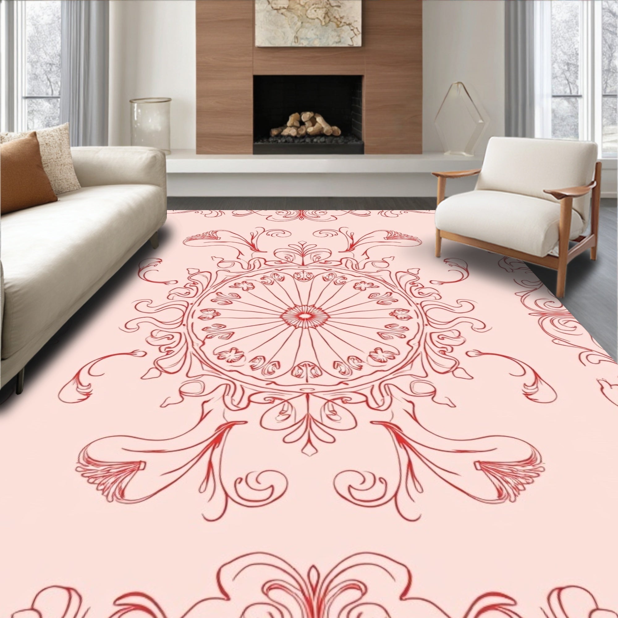 Elegant Red Floral Mandala Design Rug