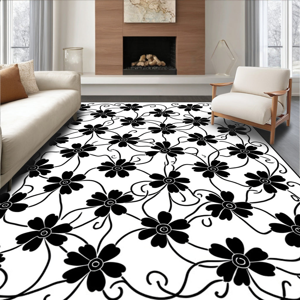 Floral Vine Black And White Pattern Rug