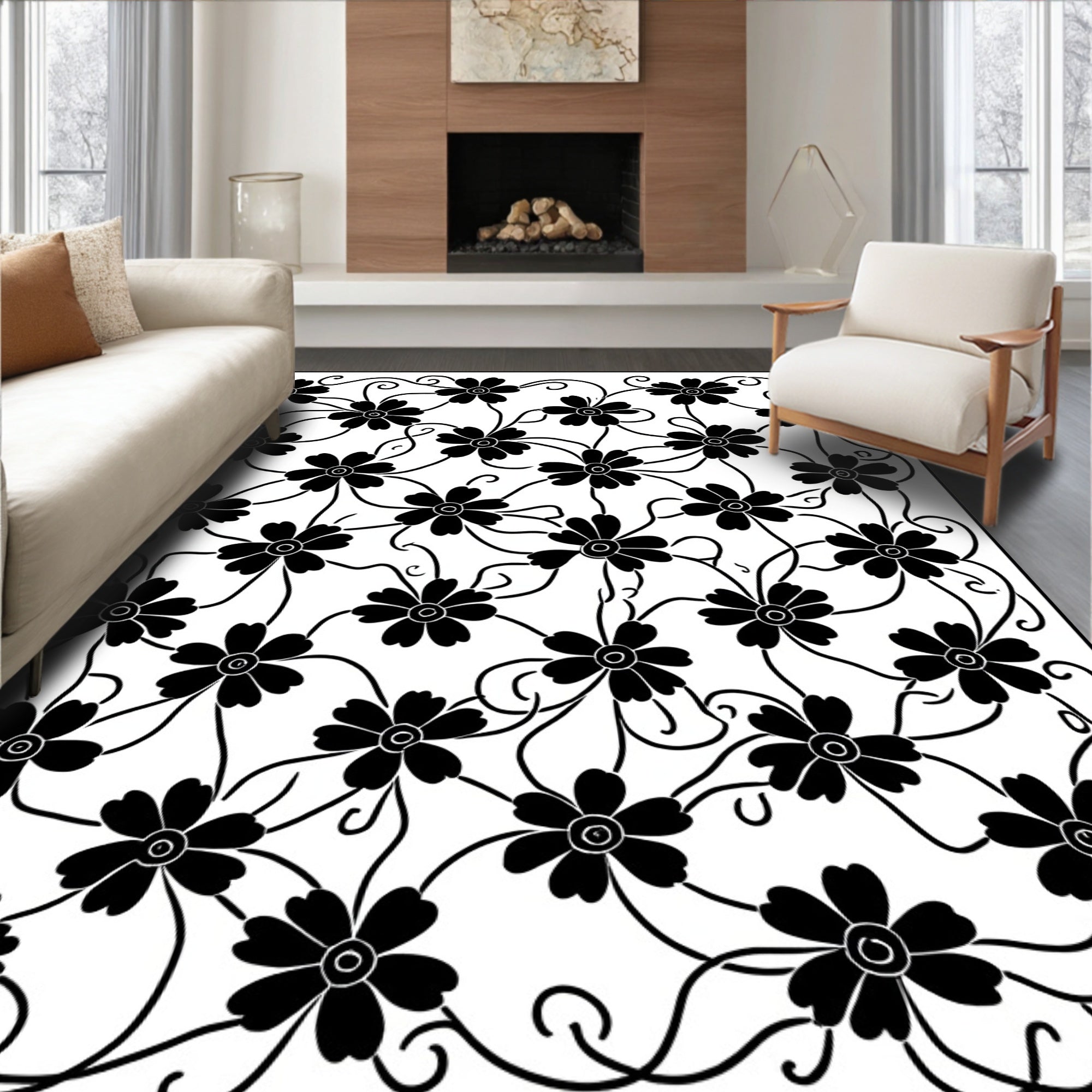 Floral Vine Black And White Pattern Rug