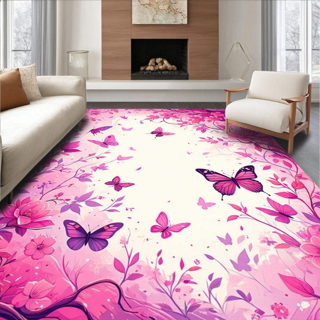 Whimsical Pink Butterflies Floral Design Rug
