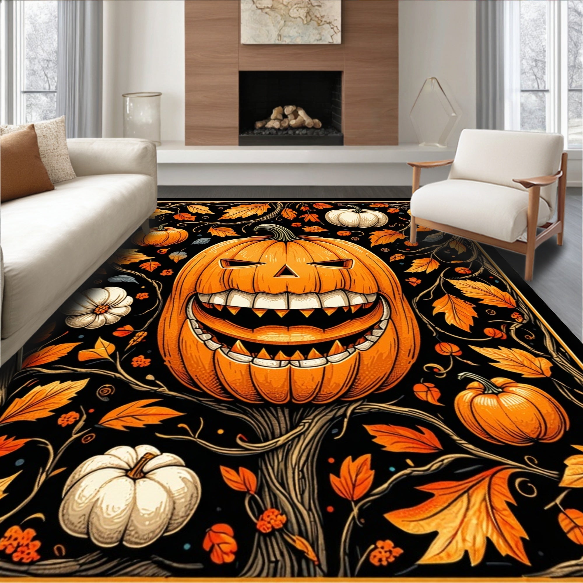 Spooky Pumpkin Vine Halloween Pattern Rug