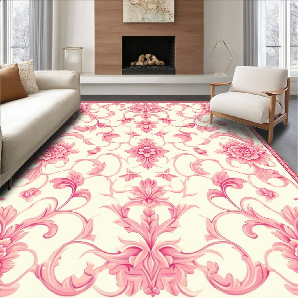 Ornate Pink Floral Damask Pattern Rug