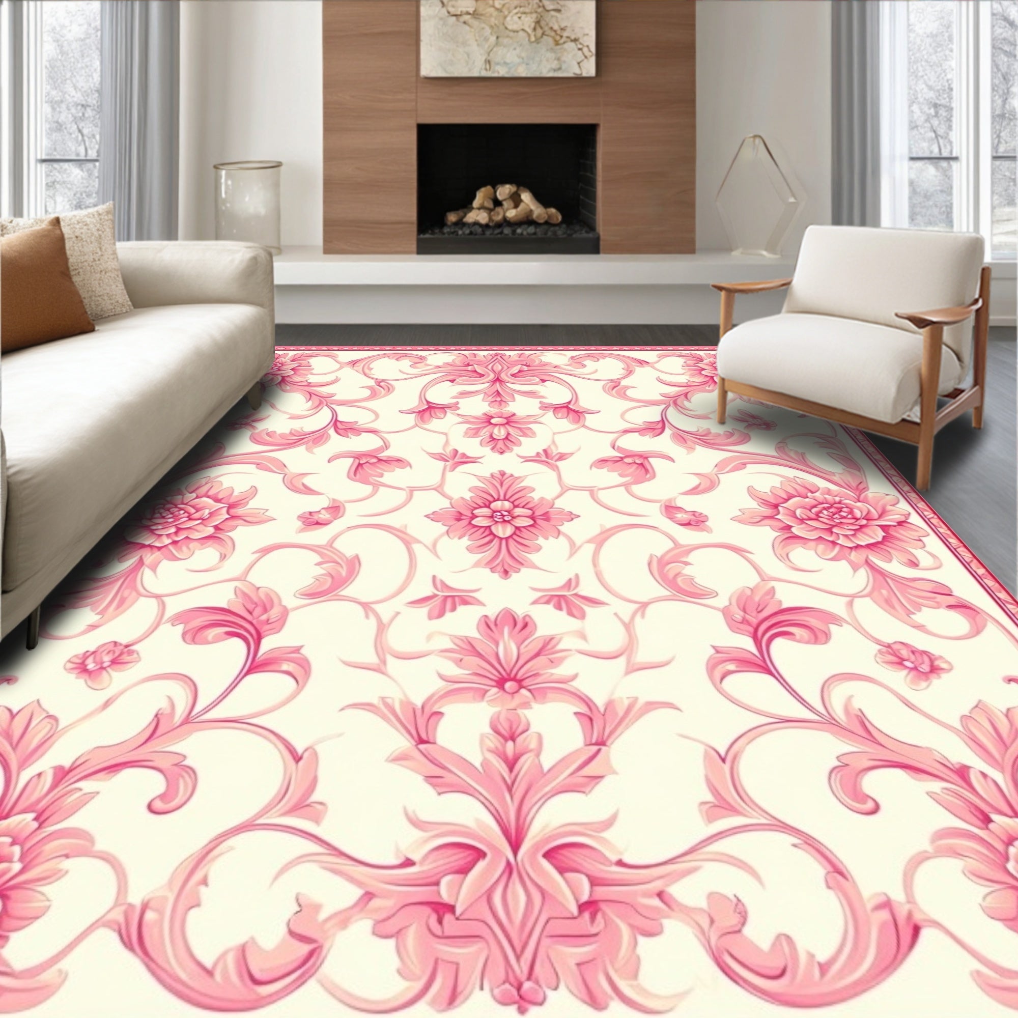 Ornate Pink Floral Damask Pattern Rug