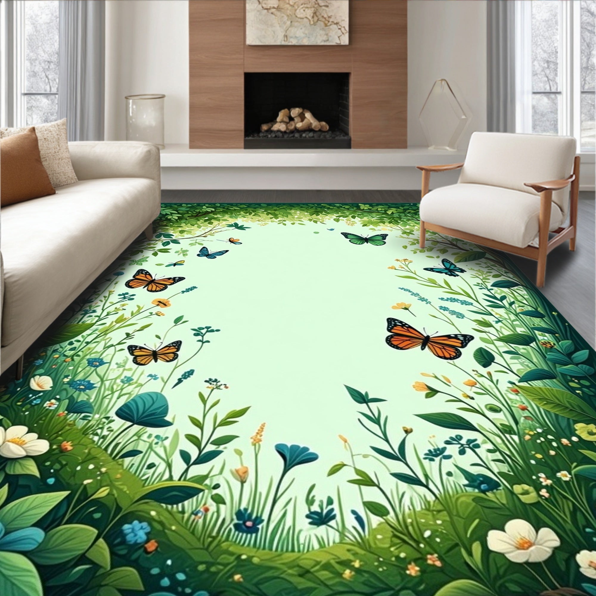 Whimsical Garden Butterfly Meadow Design Rug