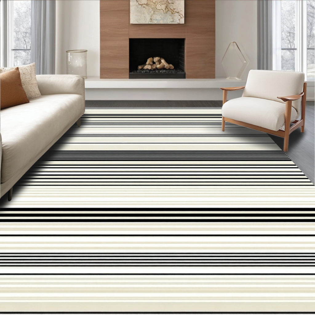 Classic Black White Striped Contemporary Rug