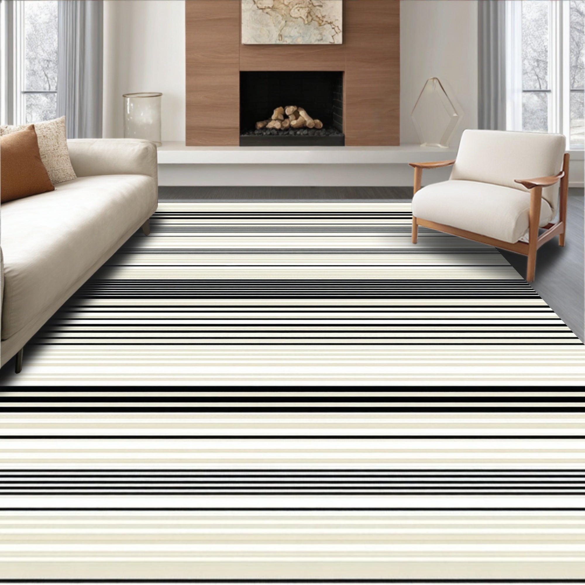 Classic Black White Striped Contemporary Rug