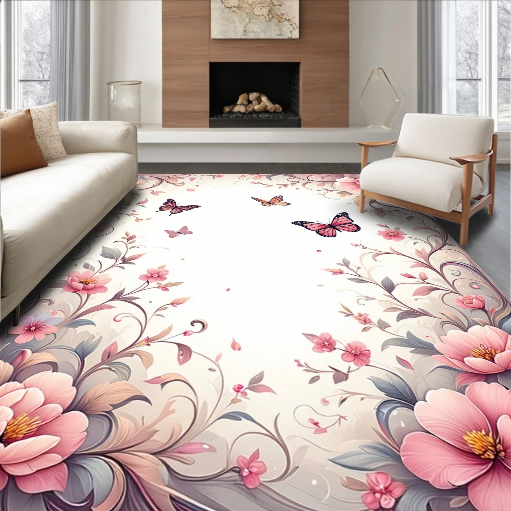 Vintage Floral Butterflies Design Rug