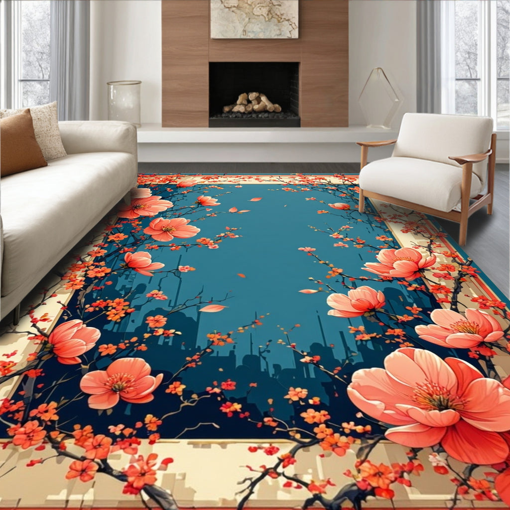 Coral Blossom Border Floral Design Rug