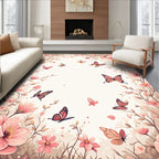Whimsical Pink Floral Butterfly Scene Rug