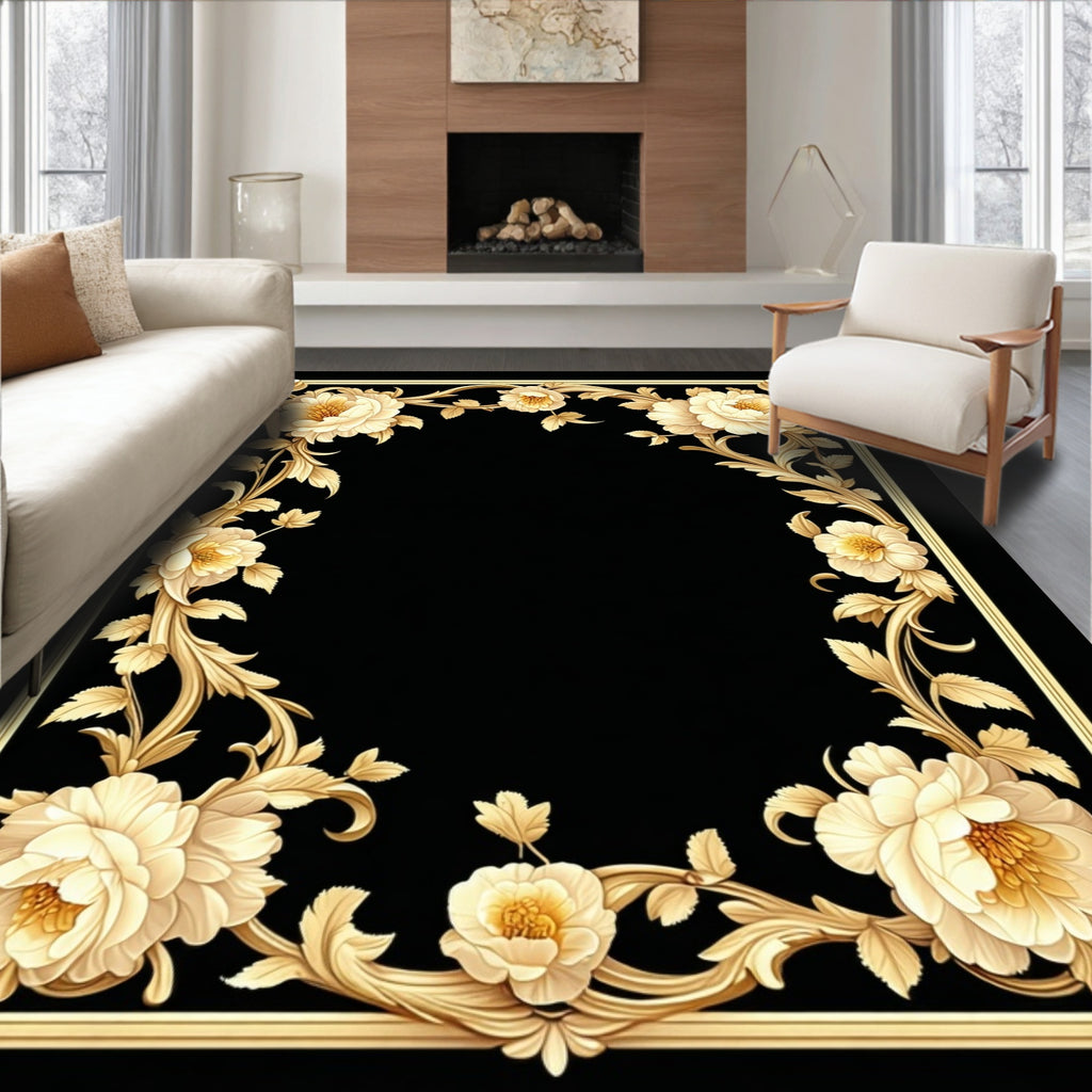 Ornate Golden Floral Scrollwork Rug