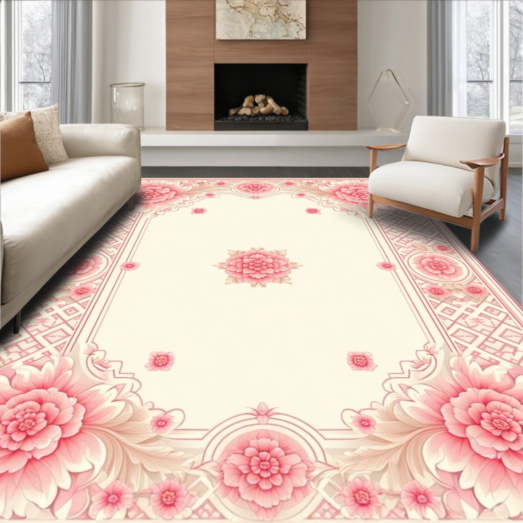 Ornate Floral Pink Cream Design Rug