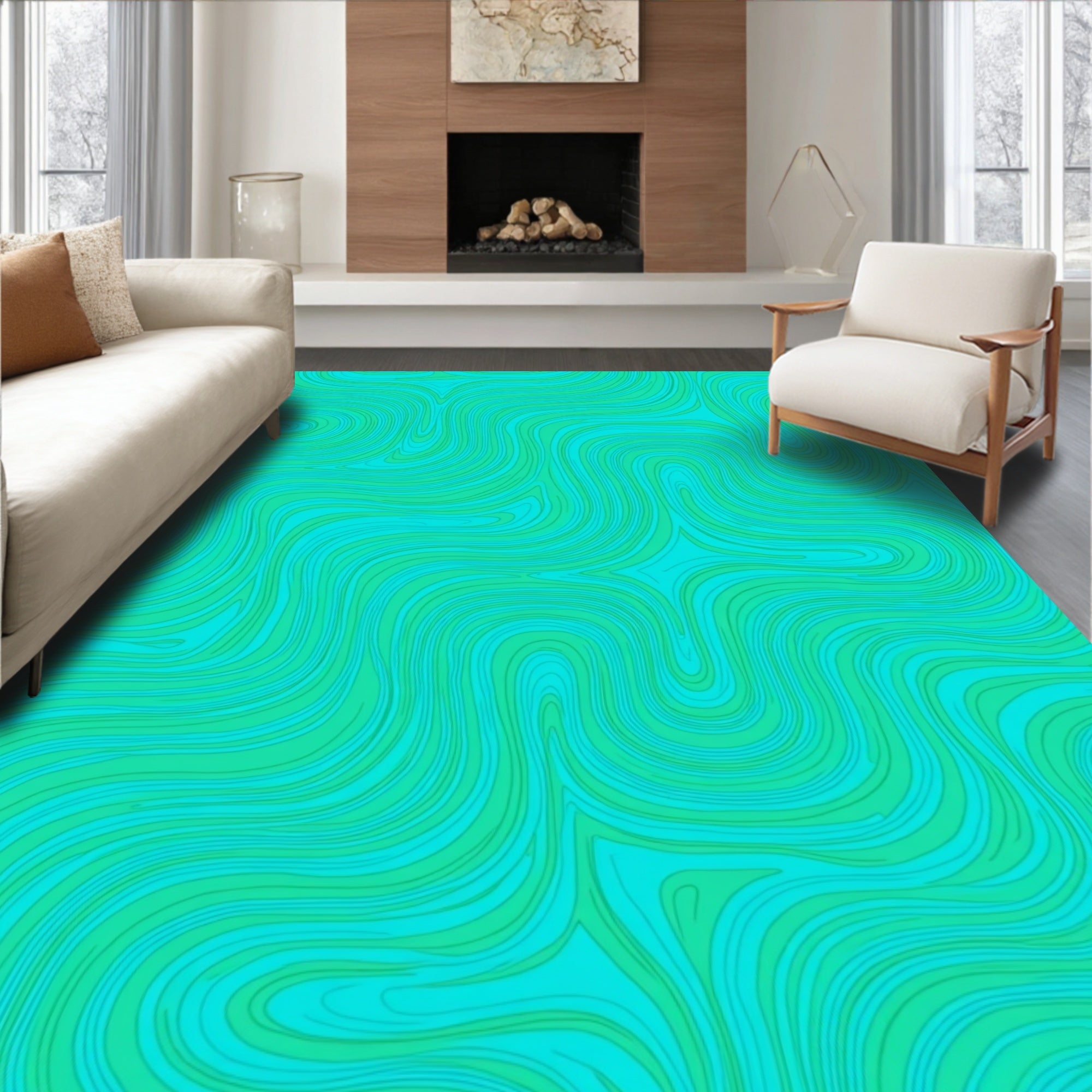 Teal Swirl Abstract Topographic Design Rug