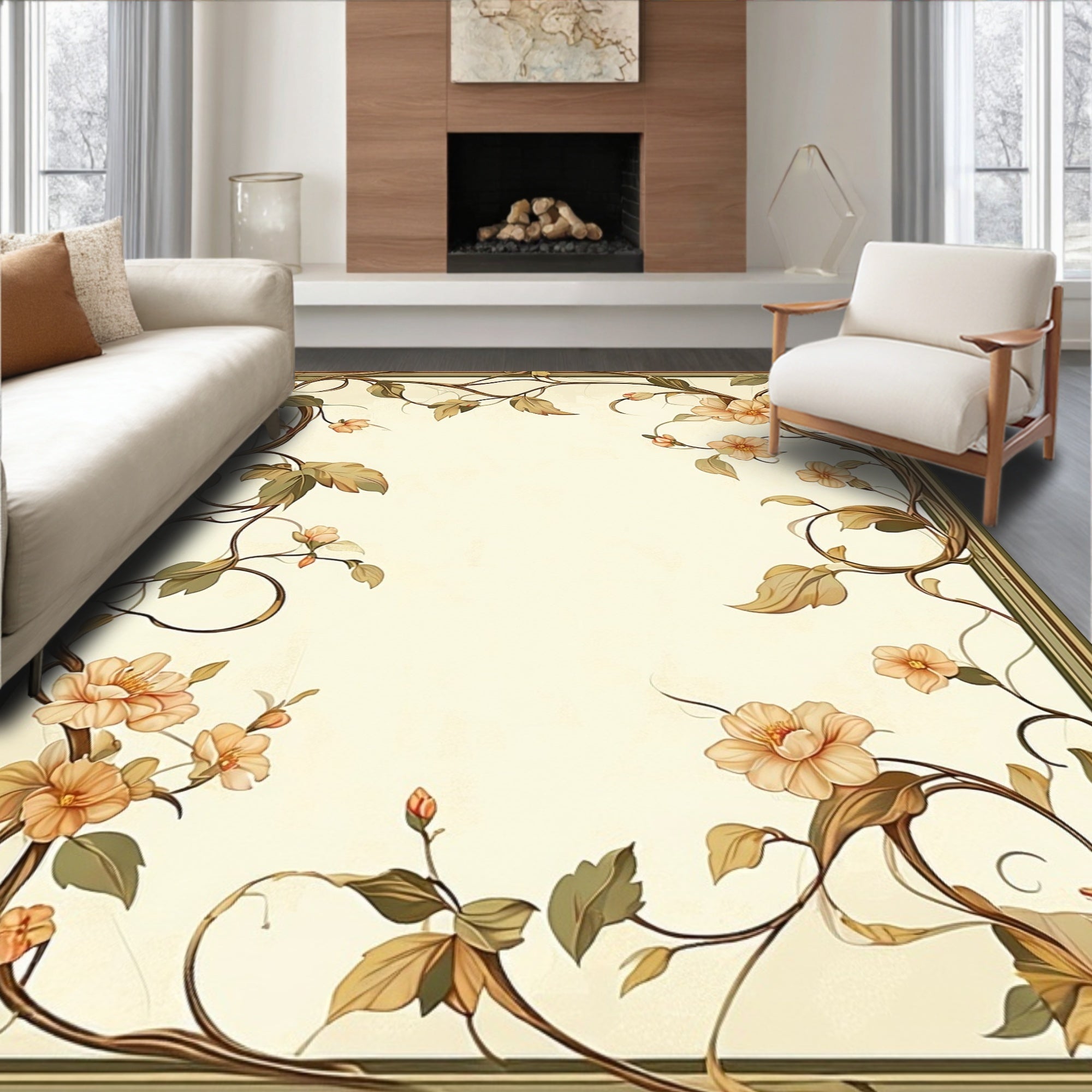 Soft Floral Vine Border Design Rug