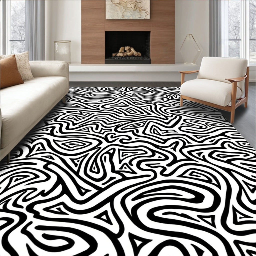 Black White Abstract Maze Design Rug