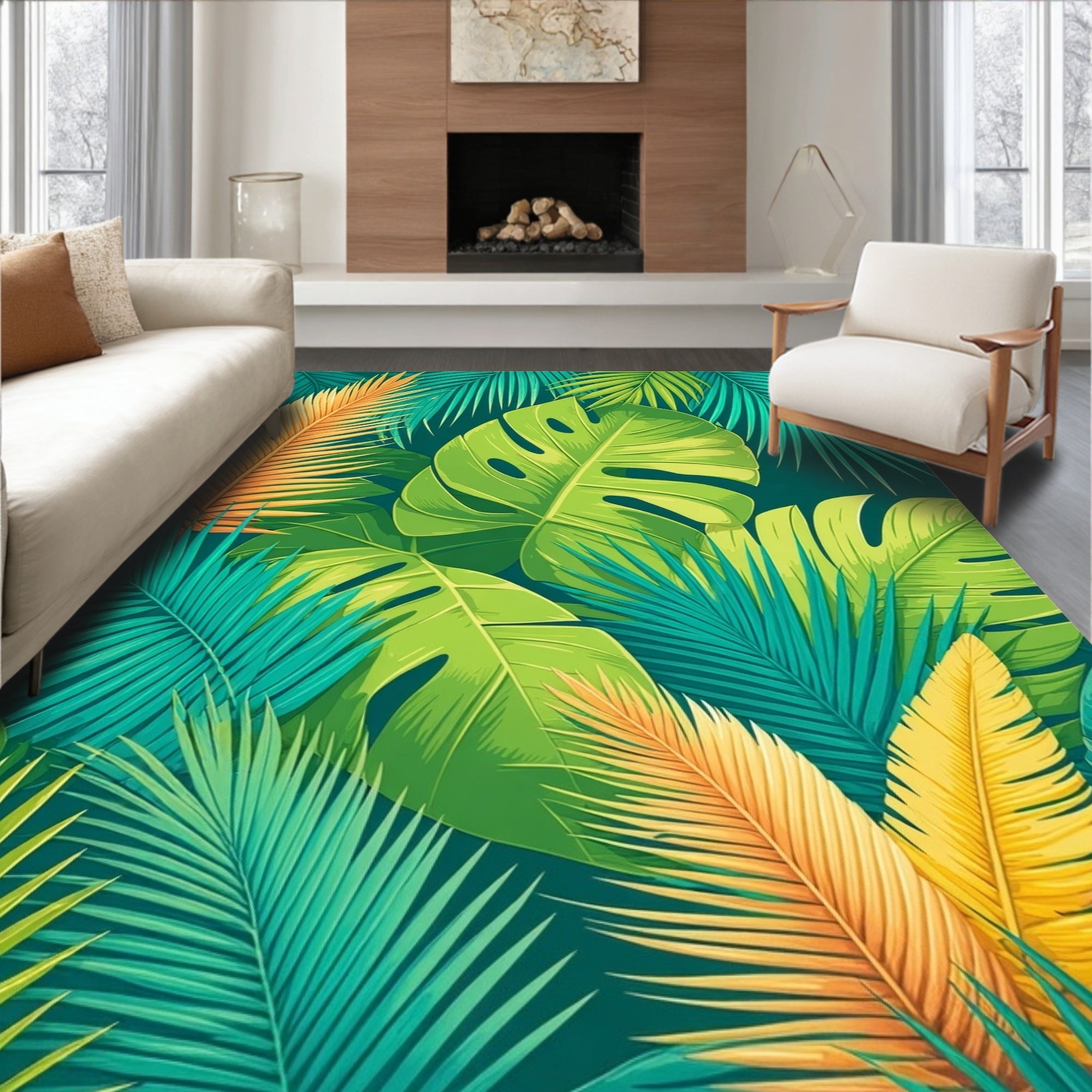 Lush Tropical Leaf Pattern Rug