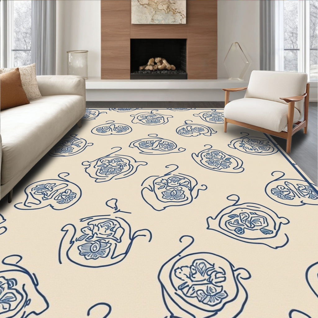 Delicate Blue Floral Outline Pattern Rug