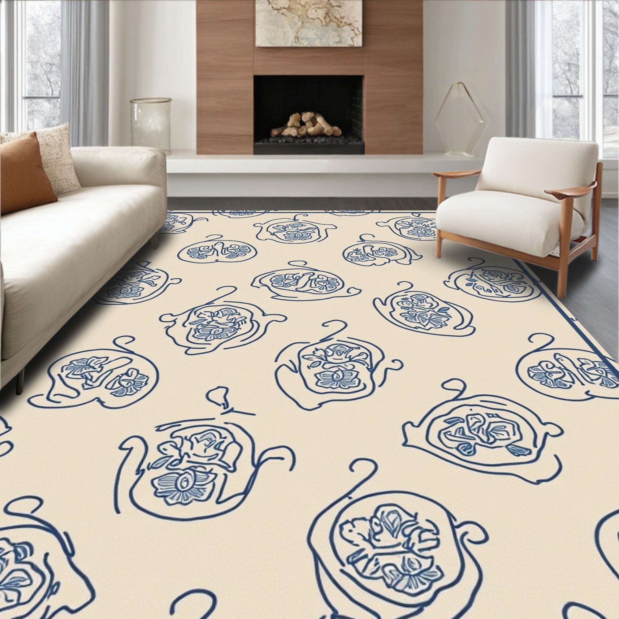 Delicate Blue Floral Outline Pattern Rug