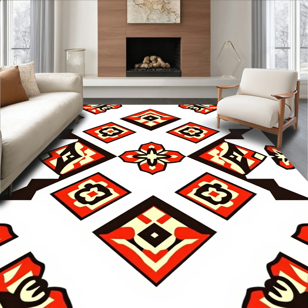 Bold Red Cream Geometric Diamond Rug