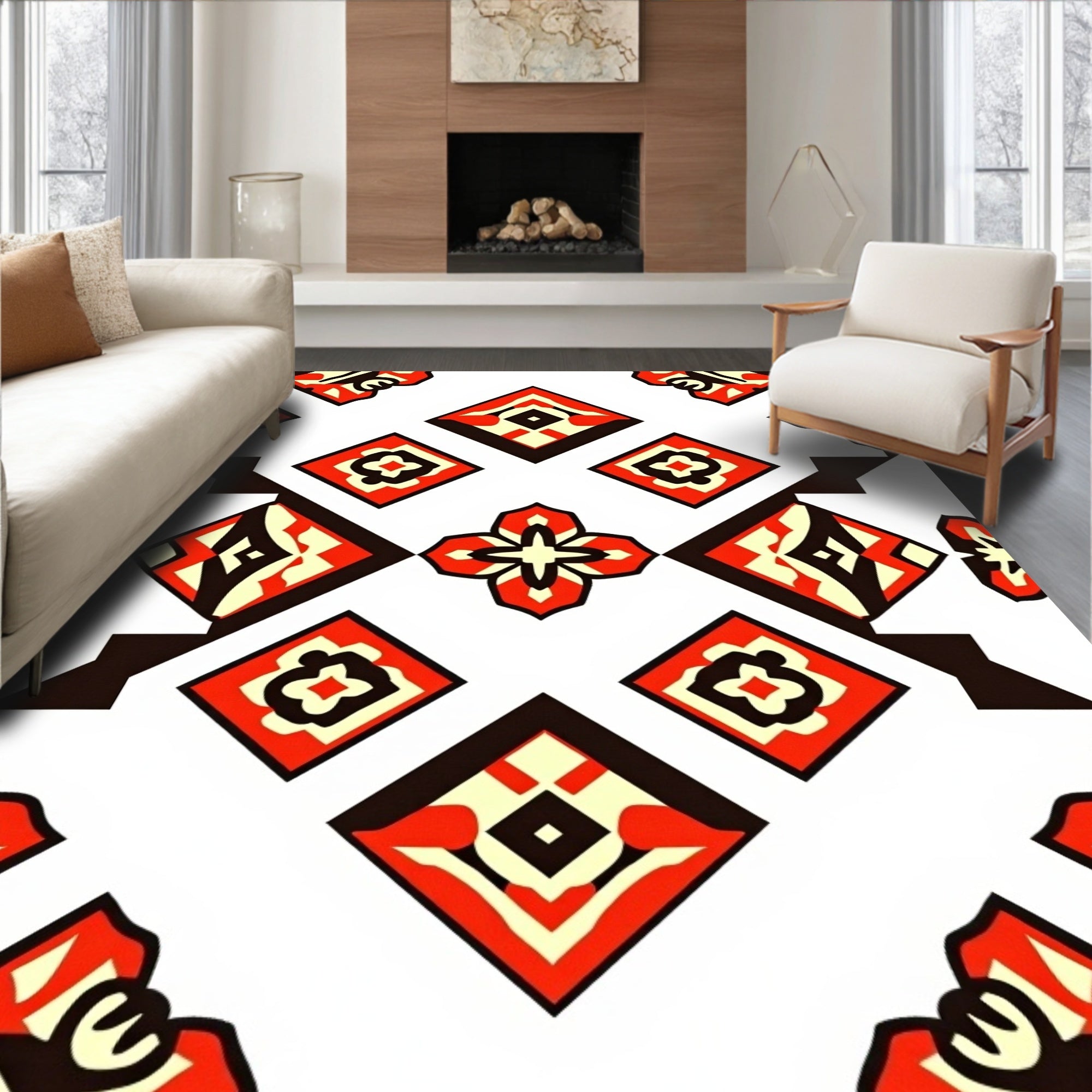 Bold Red Cream Geometric Diamond Rug
