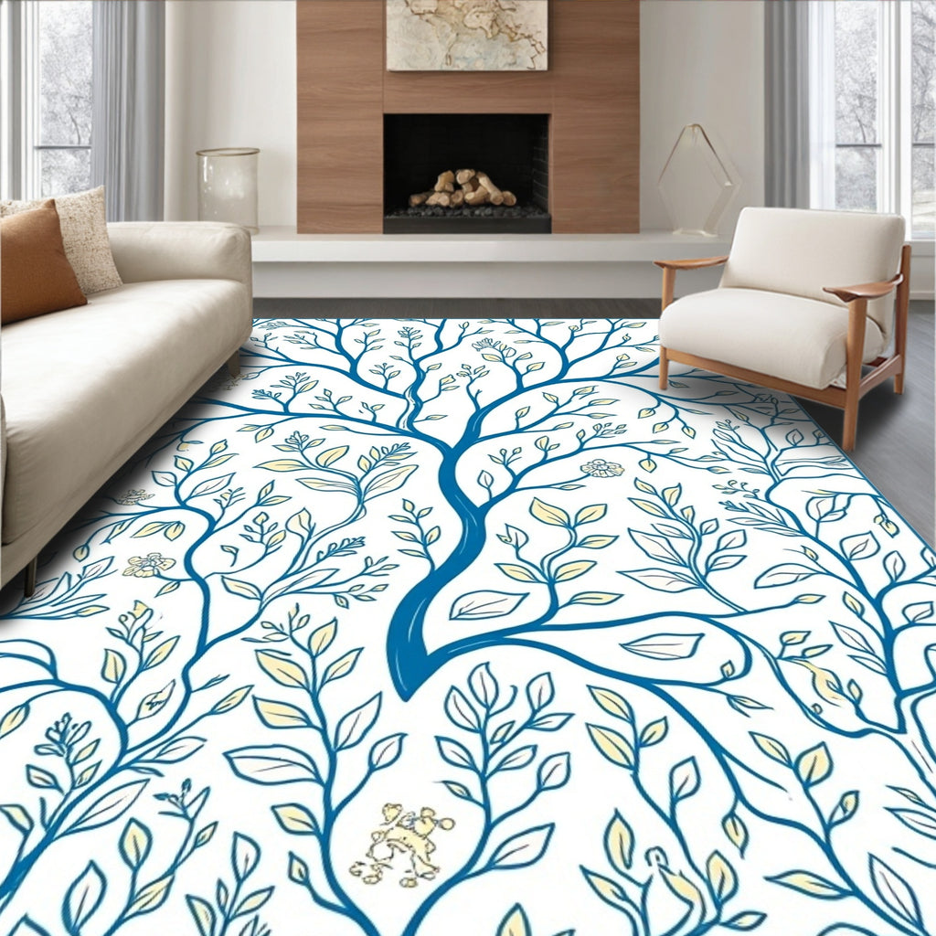 Blue Whimsical Tree Floral Design Rug