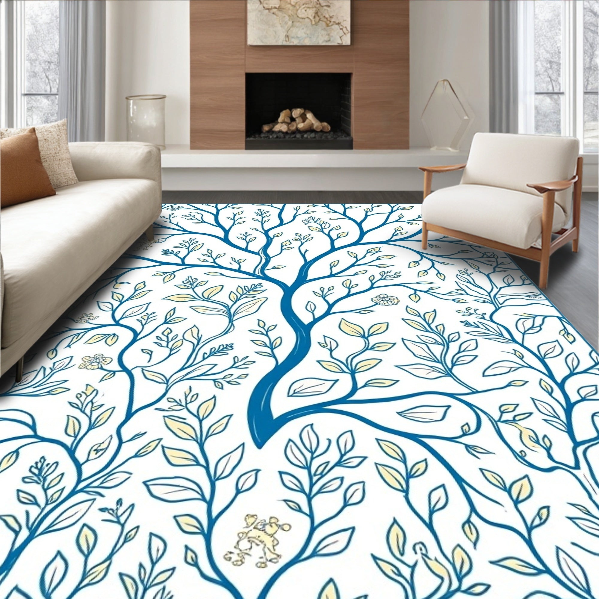 Blue Whimsical Tree Floral Design Rug