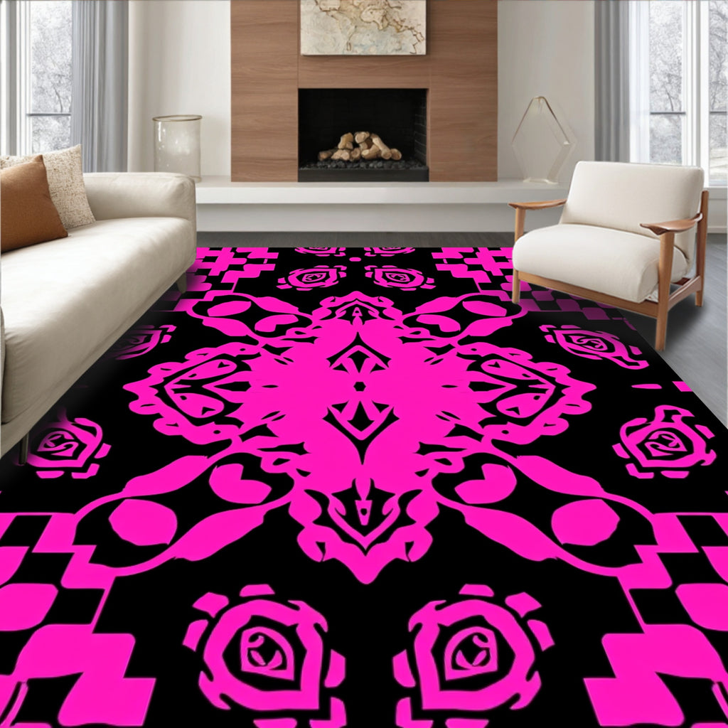 Bold Pink Black Abstract Symmetry Rug