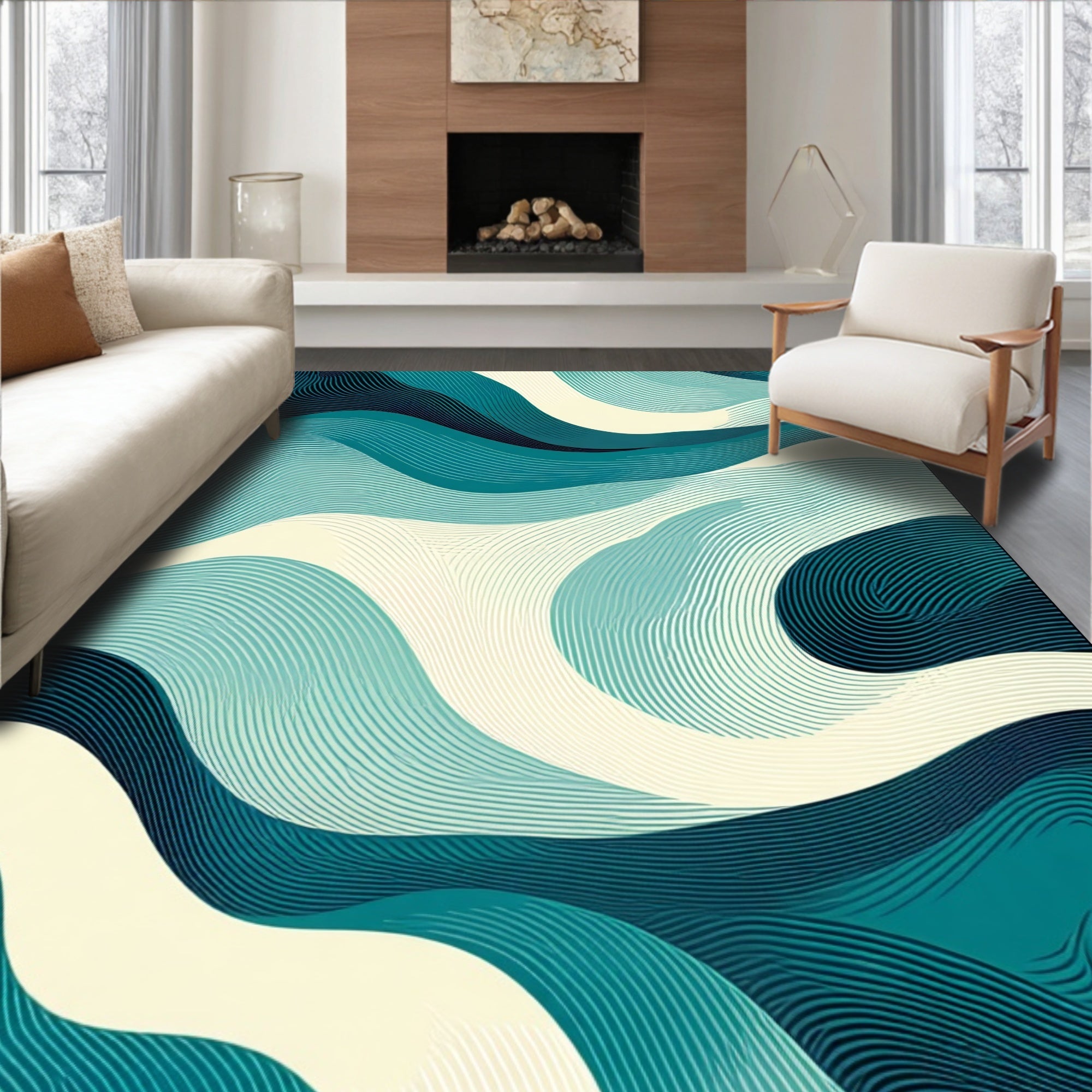 Abstract Blue Wave Pattern Rug