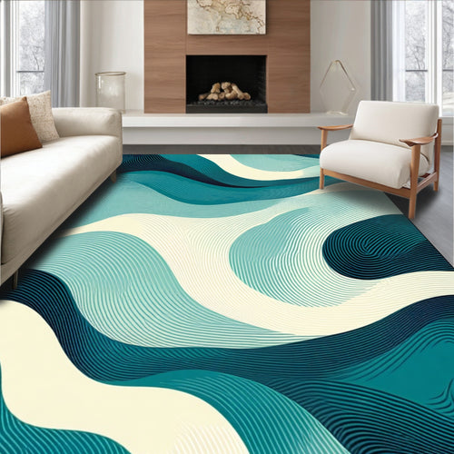 Abstract Blue Wave Pattern Rug