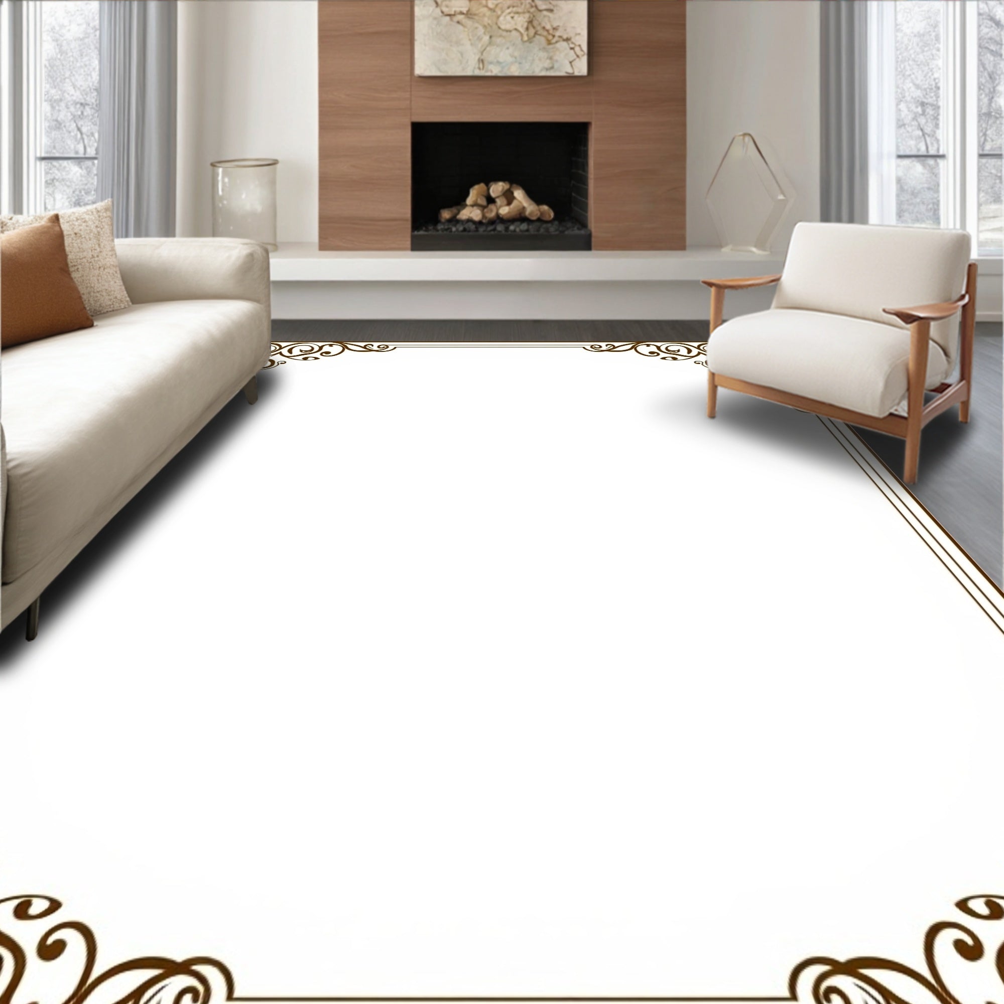 Elegant Brown Scroll Corner Flourish Rug