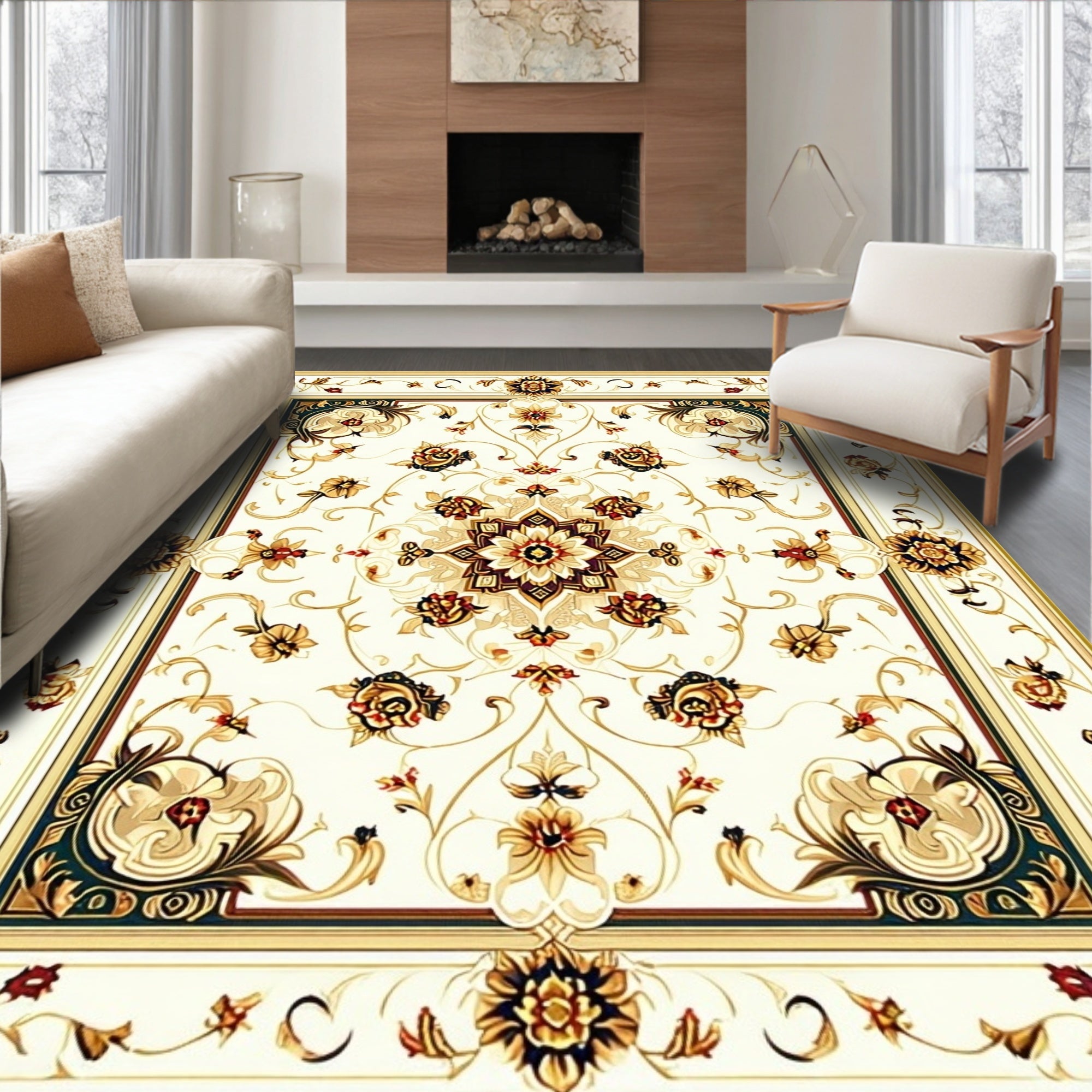 Ornate Floral Scroll Panel Design Rug