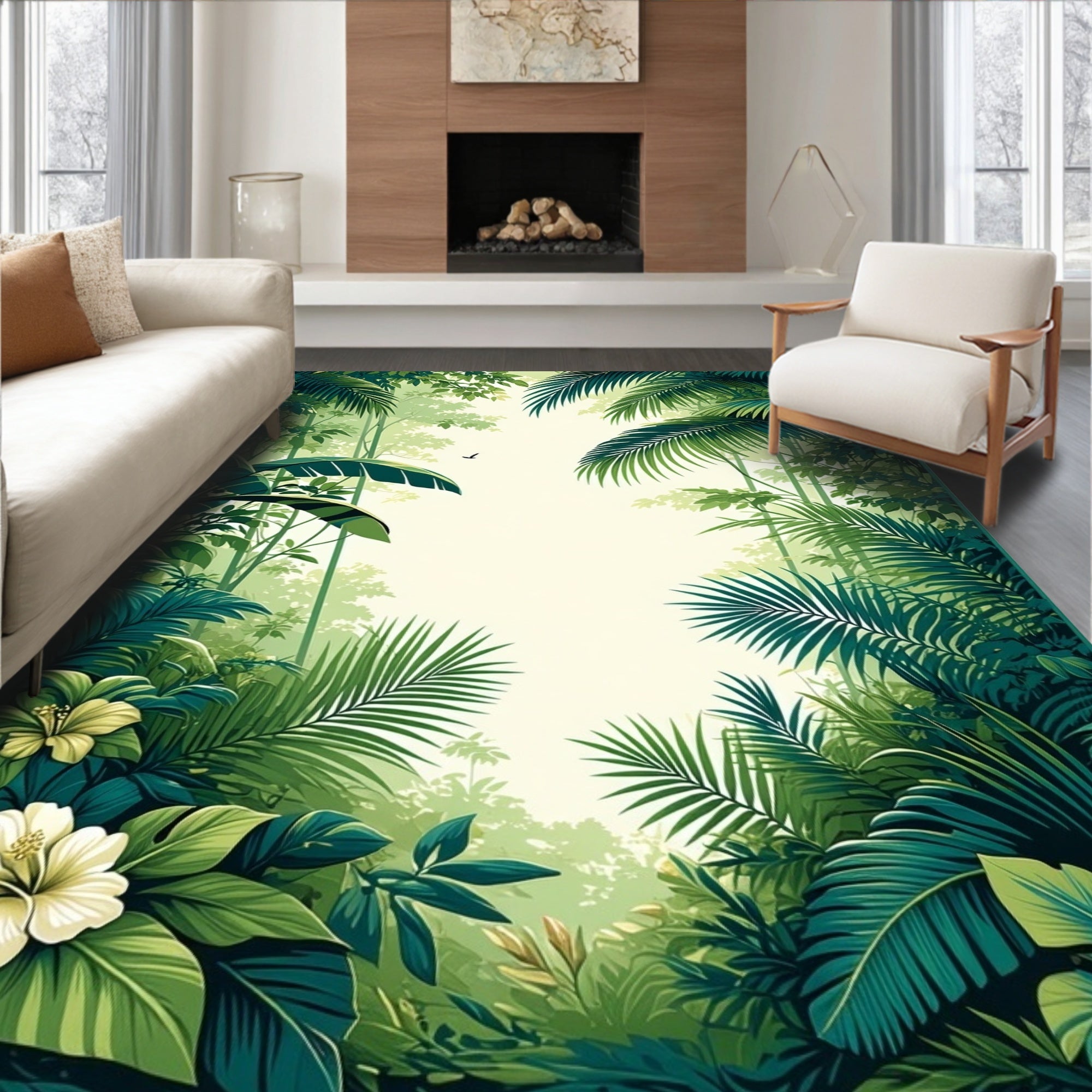 Lush Tropical Jungle Floral Design Rug