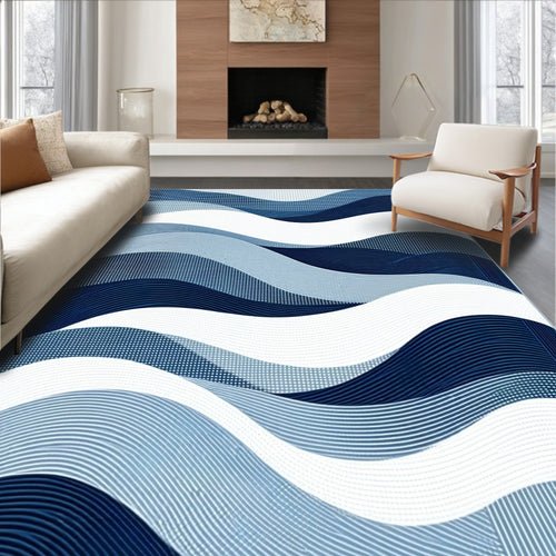 Abstract Blue Wave Line Pattern Rug