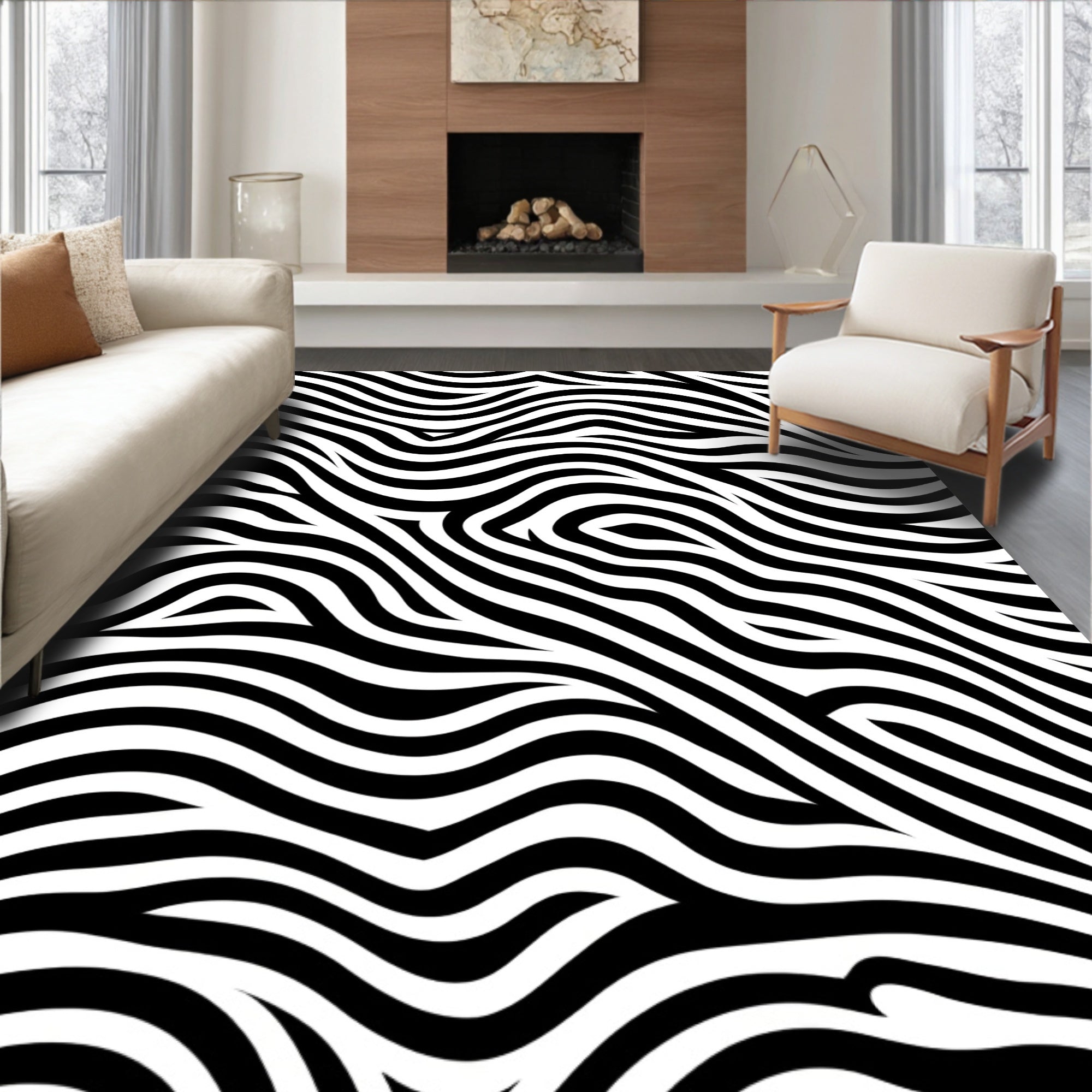 Abstract Black White Wavy Lines Rug