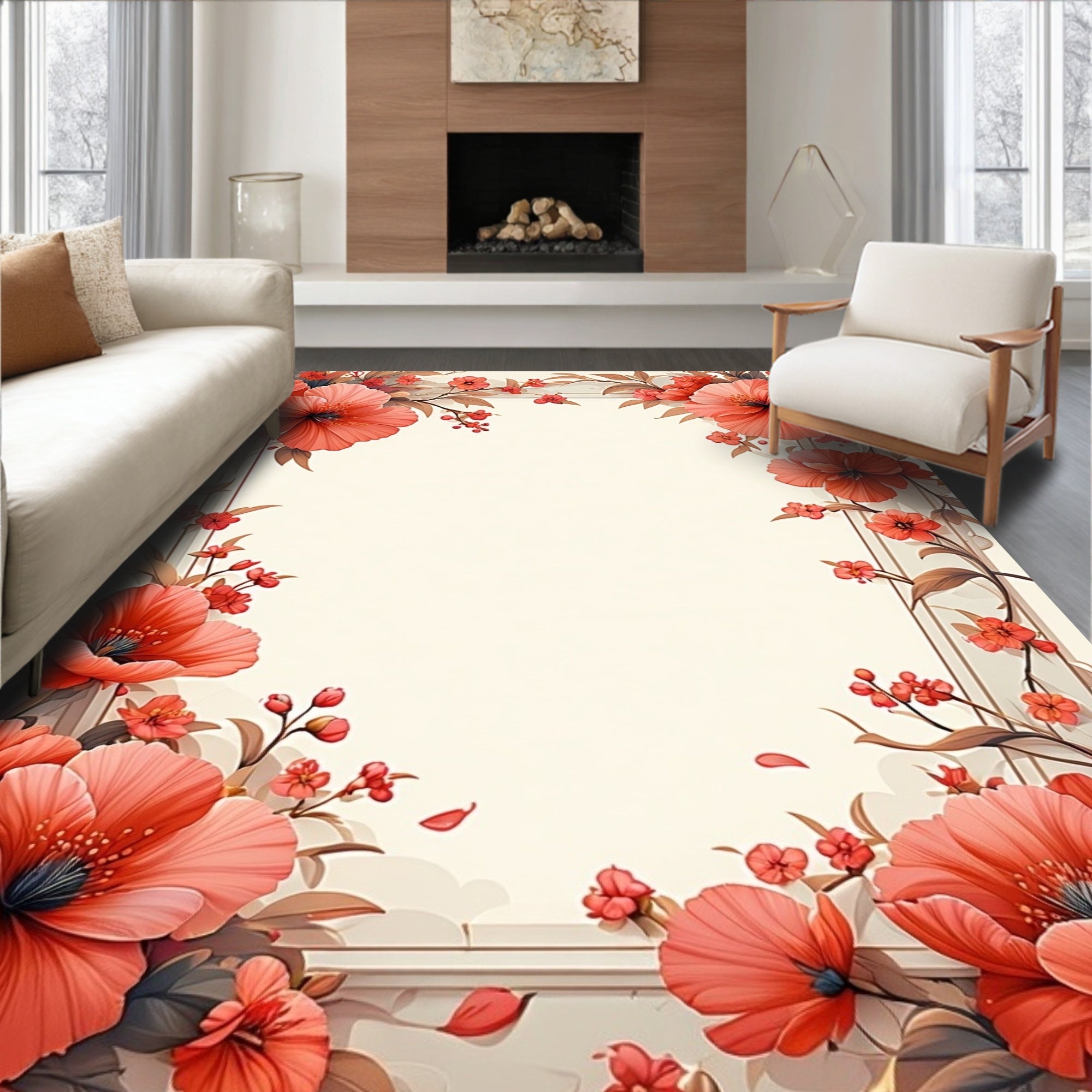 Coral Floral Vines Textured Rug