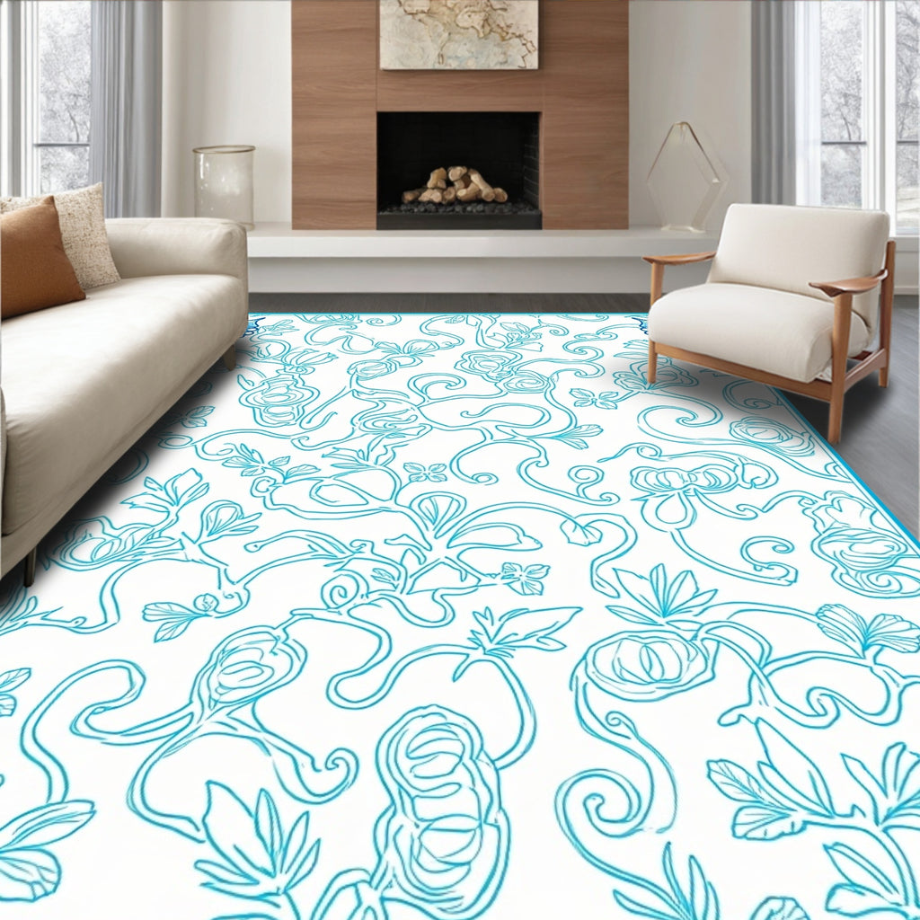 Turquoise Floral Swirl Abstract Pattern Rug