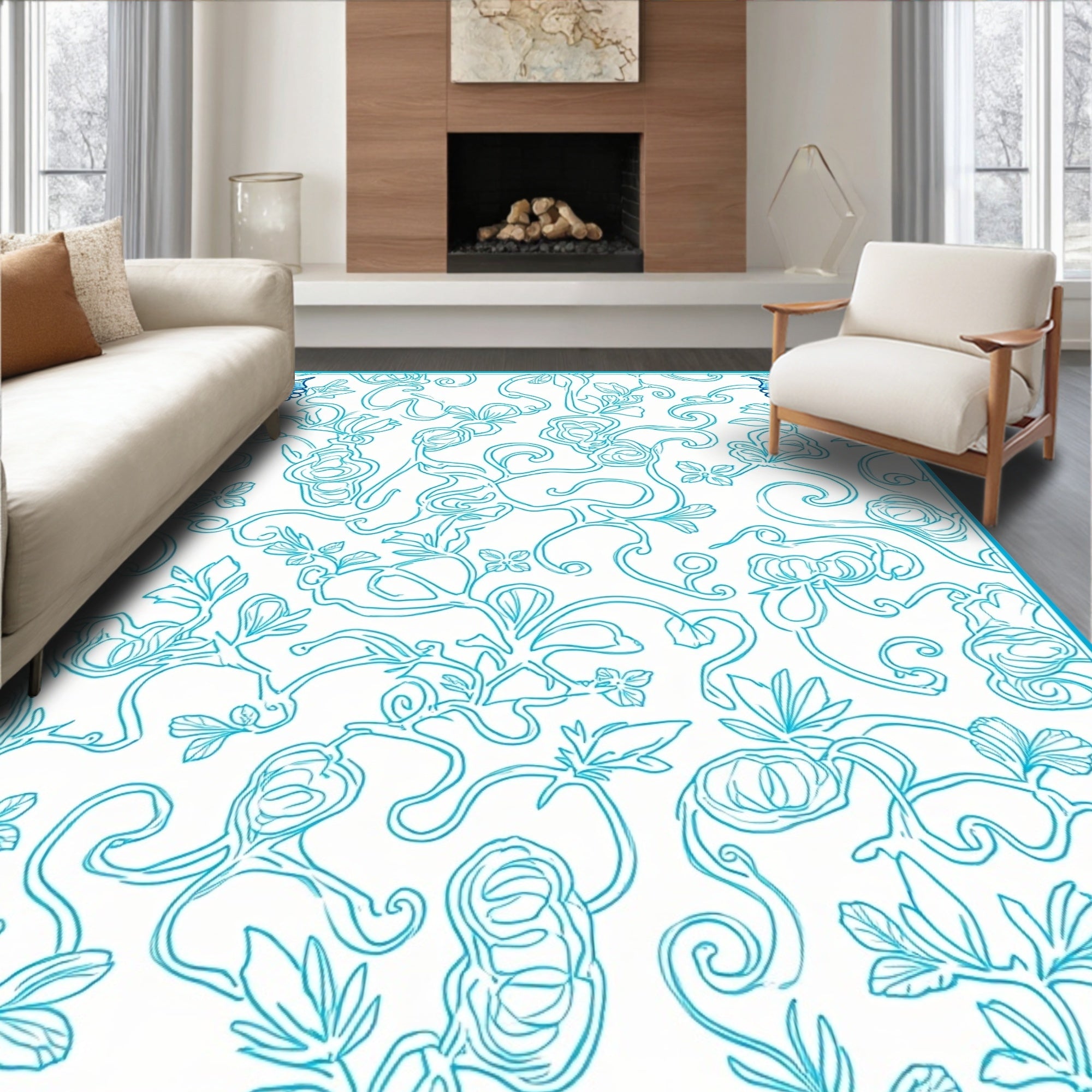 Turquoise Floral Swirl Abstract Pattern Rug
