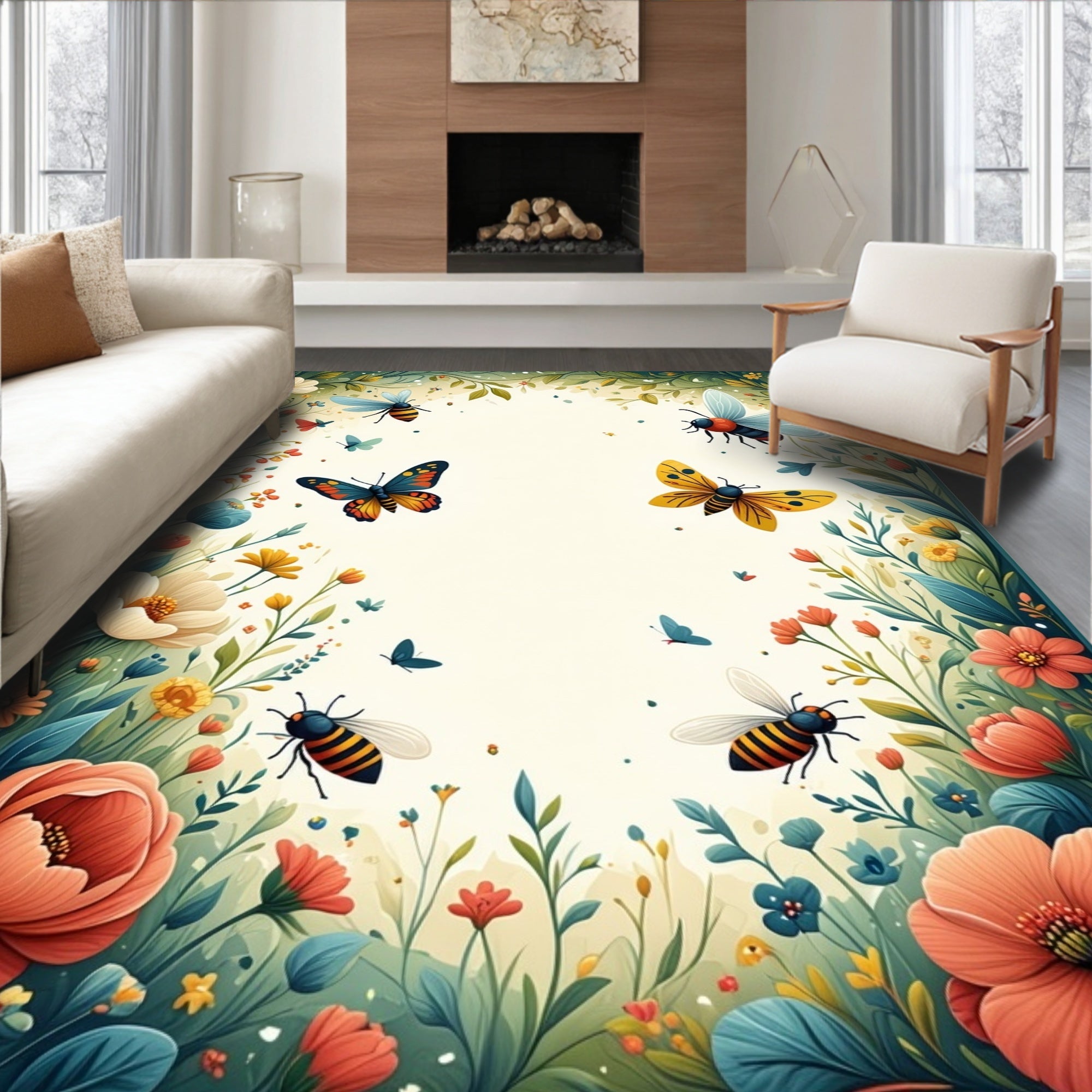 Whimsical Butterfly and Bee Garden Design Rug